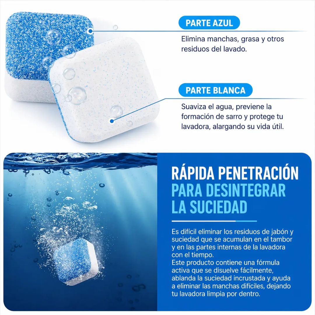 CleanTab – Una tableta. Cero olores. Lavadora como nueva (12 pastillas c/paquete)